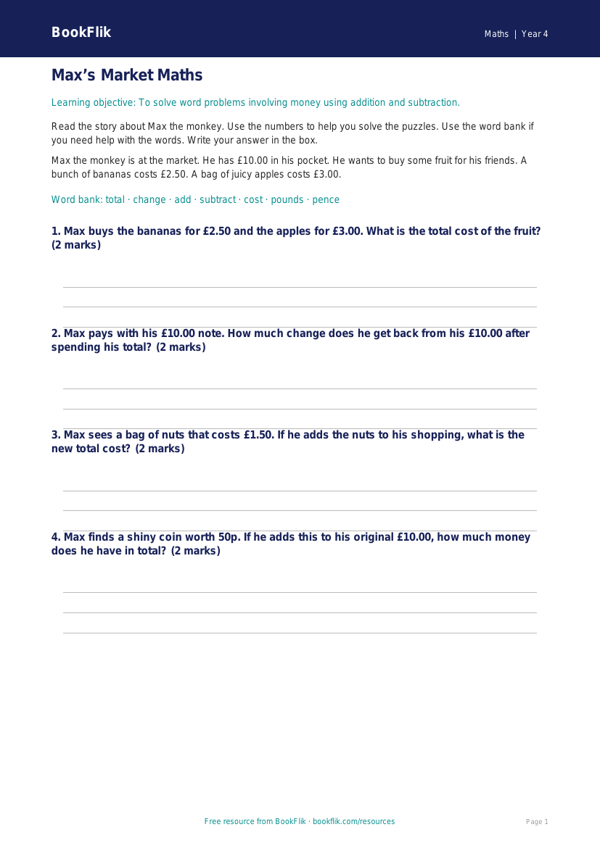 Free Word Problems Track Sheet | Year 4 Supported | BookFlik worksheet preview — Maths Word Problems
