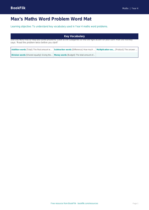 Free Word Problems Word Mat | Year 4 Supported | BookFlik worksheet preview — Maths Word Problems