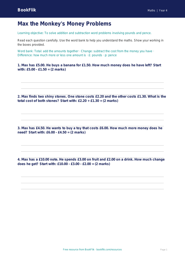 Free Word Problems Worksheet | Year 4 Supported | BookFlik worksheet preview — Maths Word Problems