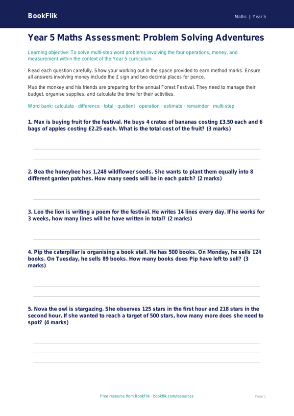 Free Year 5 Math Word Problems Worksheet | BookFlik worksheet preview — Maths Word Problems
