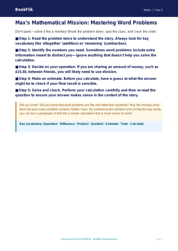 Free Year 5 Math Word Problems Worksheet | Printable PDF | BookFlik worksheet preview — Maths Word Problems