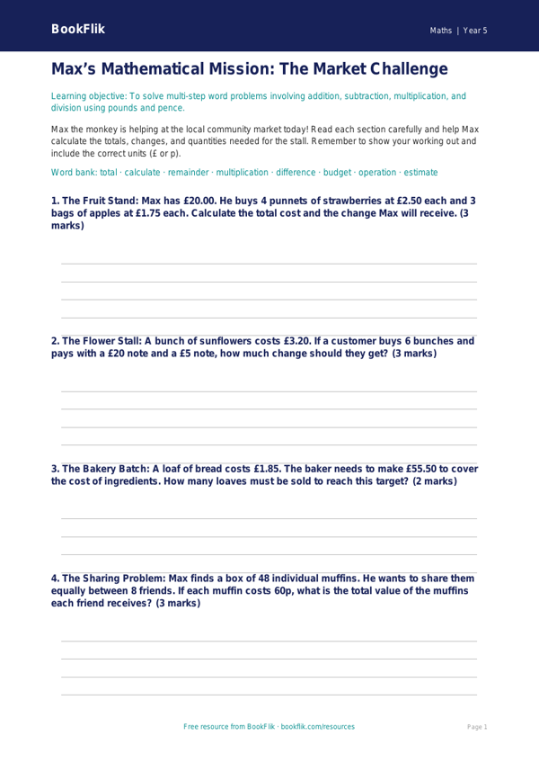 Free Word Problems Template | Year 5 Core | BookFlik worksheet preview — Maths Word Problems