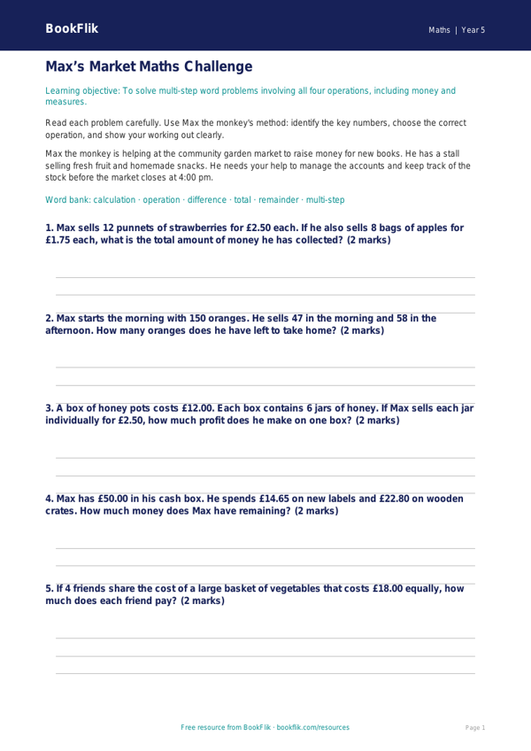 Free Word Problems Track Sheet | Year 5 Core | BookFlik worksheet preview — Maths Word Problems