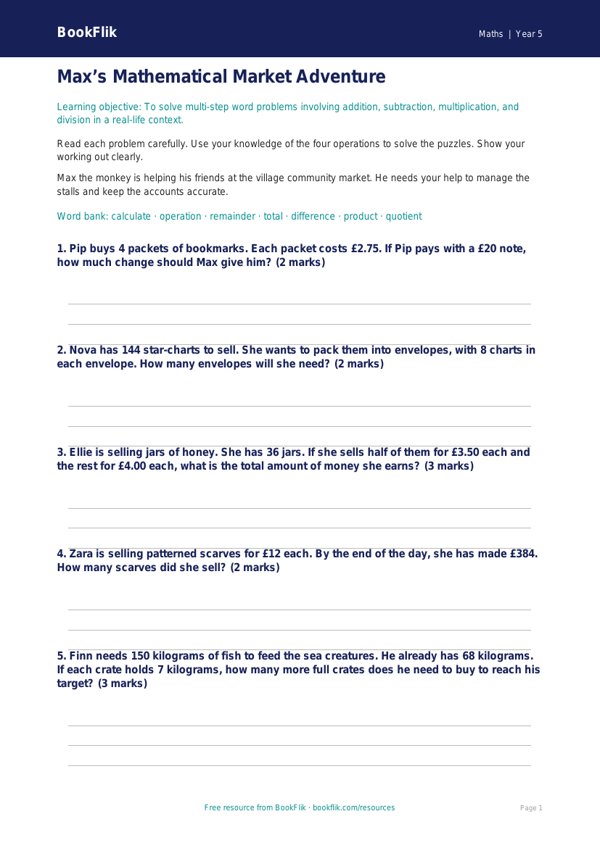 Free Word Problems Worksheet | Year 5 Core | BookFlik worksheet preview — Maths Word Problems