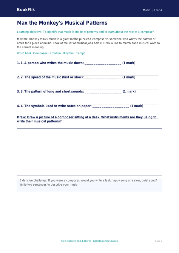 Free Composers Activity Sheet | Year 4 Supported | BookFlik worksheet preview — Music Composers
