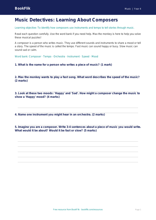 Free Composers Assessment | Year 4 Supported | BookFlik worksheet preview — Music Composers