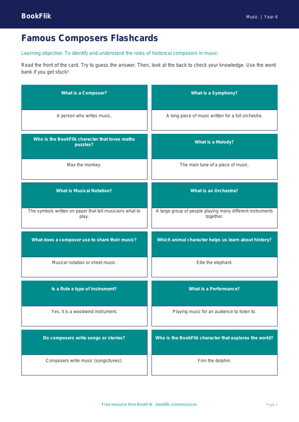 Free Composers Flashcards | Year 4 Supported | BookFlik worksheet preview — Music Composers
