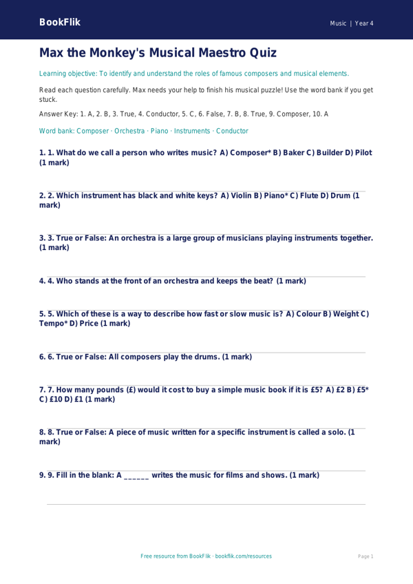 Free Composers Quiz | Year 4 Supported | BookFlik worksheet preview — Music Composers