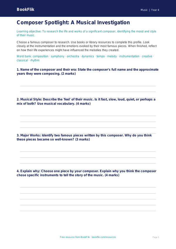 Free Composers Template | Year 4 Greater Depth | BookFlik worksheet preview — Music Composers