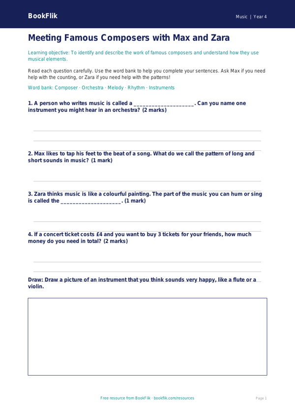 Free Composers Worksheet | Year 4 Supported | BookFlik worksheet preview — Music Composers