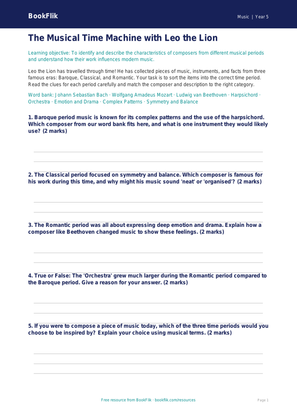 Free Composers Activity Sheet | Year 5 Core | BookFlik worksheet preview — Music Composers