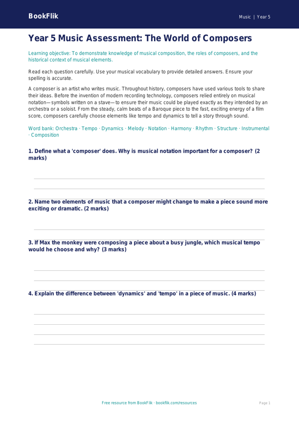 Free Composers Assessment | Year 5 Core | BookFlik worksheet preview — Music Composers