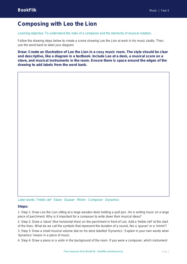 Free Composers Drawing Sheet | Year 5 Core | BookFlik worksheet preview — Music Composers
