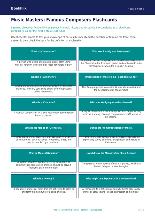 Free Composers Flashcards | Year 5 Core | BookFlik worksheet preview — Music Composers