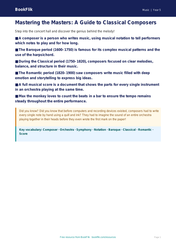 Free Composers Poster | Year 5 Core | BookFlik worksheet preview — Music Composers