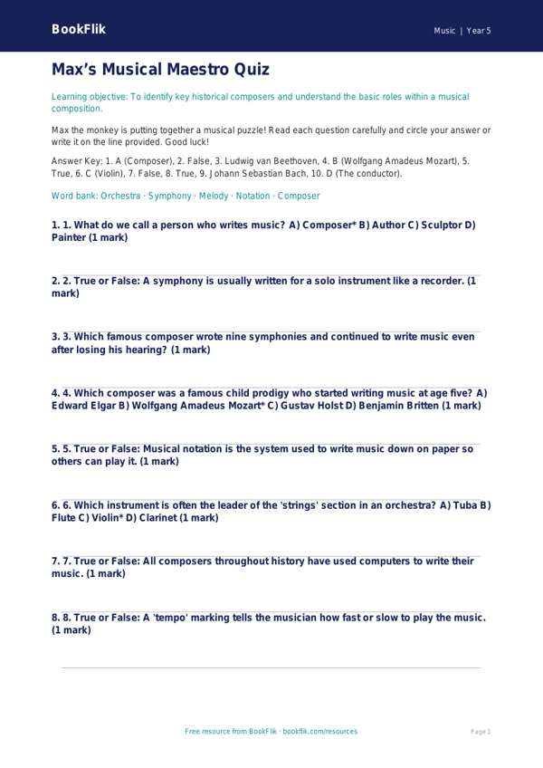 Free Composers Quiz | Year 5 Core | BookFlik worksheet preview — Music Composers