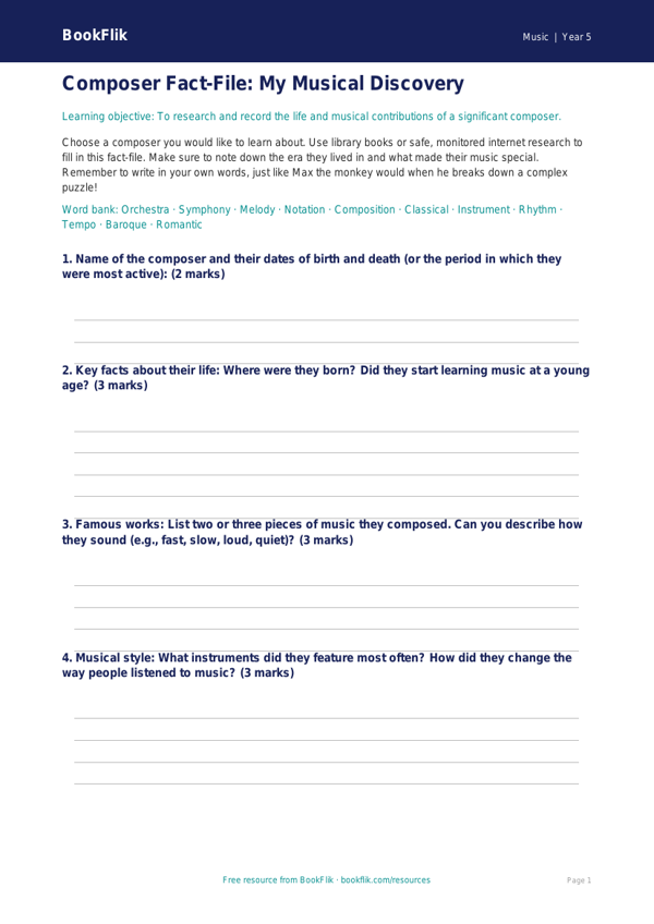Free Composers Template | Year 5 Core | BookFlik worksheet preview — Music Composers