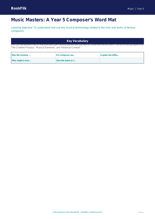 Free Composers Word Mat | Year 5 Core | BookFlik worksheet preview — Music Composers