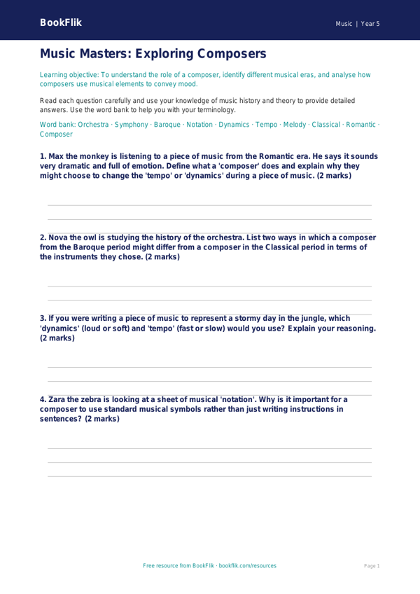 Free Composers Worksheet | Year 5 Core | BookFlik worksheet preview — Music Composers