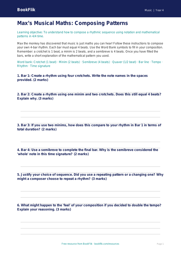 Free Composition Activity Sheet | Year 4 Greater Depth | BookFlik worksheet preview — Music Composition