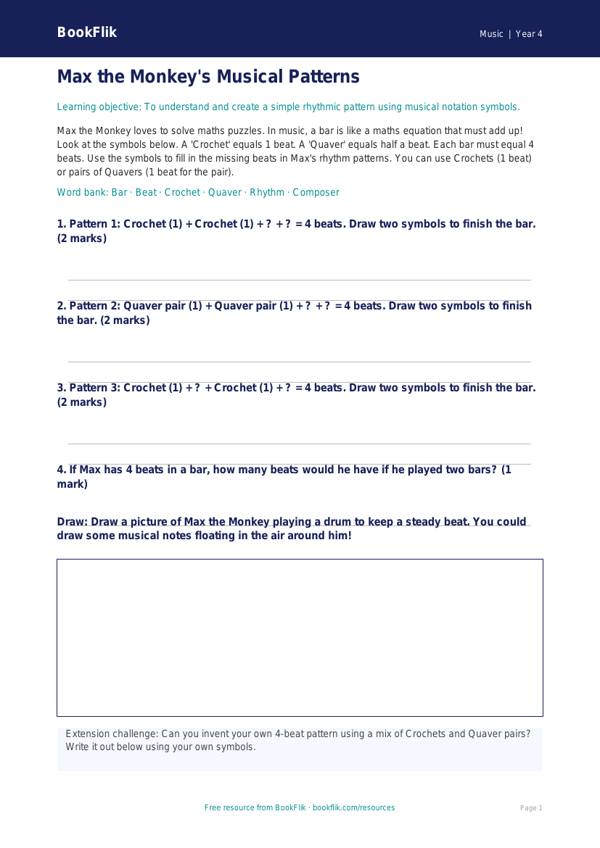 Free Composition Activity Sheet | Year 4 Supported | BookFlik worksheet preview — Music Composition