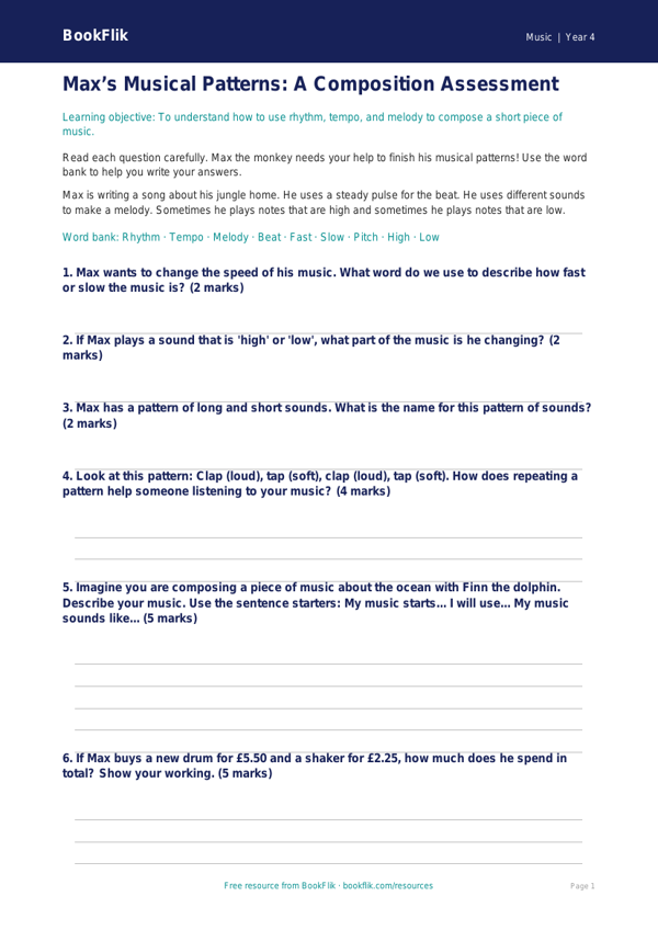 Free Composition Assessment | Year 4 Supported | BookFlik worksheet preview — Music Composition