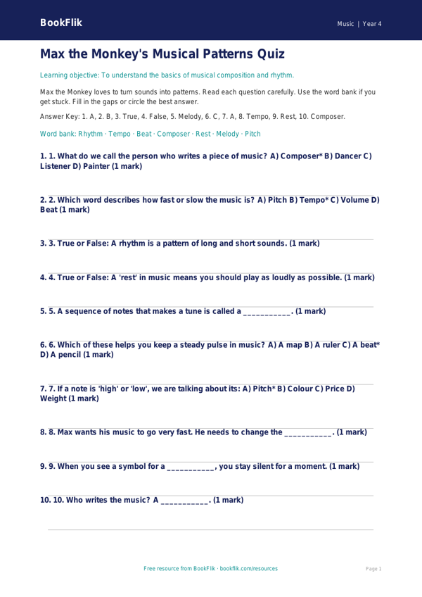 Free Composition Quiz | Year 4 Supported | BookFlik worksheet preview — Music Composition