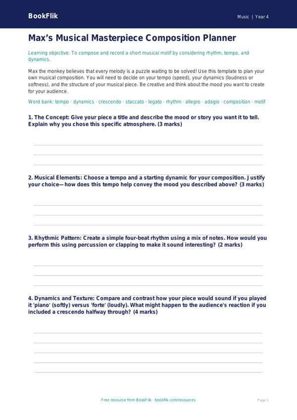 Free Composition Template | Year 4 Greater Depth | BookFlik worksheet preview — Music Composition
