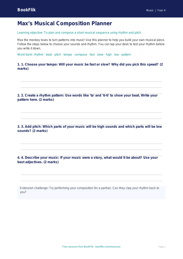 Free Composition Template | Year 4 Supported | BookFlik worksheet preview — Music Composition