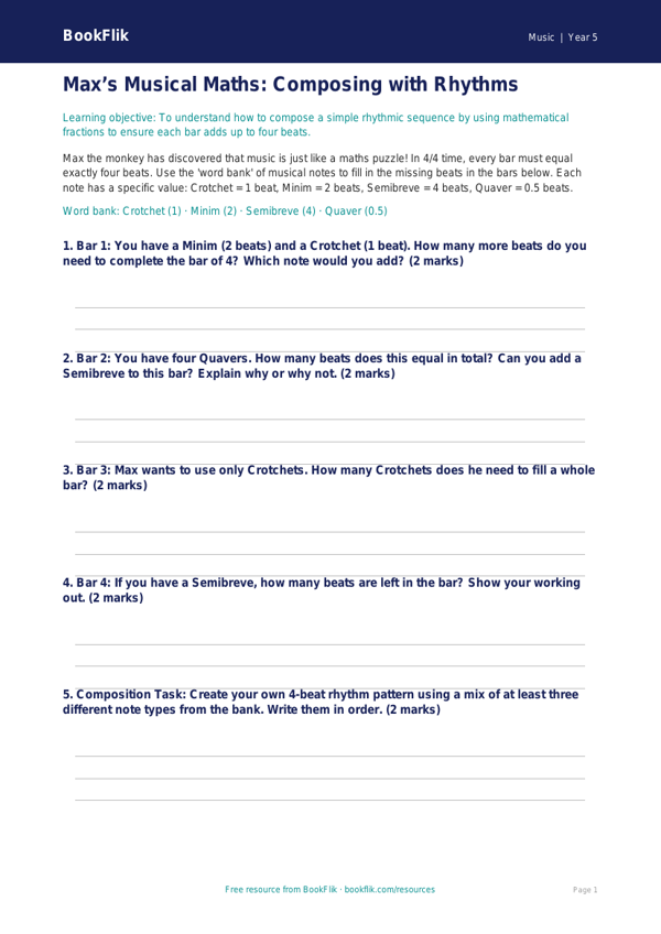 Free Composition Activity Sheet | Year 5 Core | BookFlik worksheet preview — Music Composition