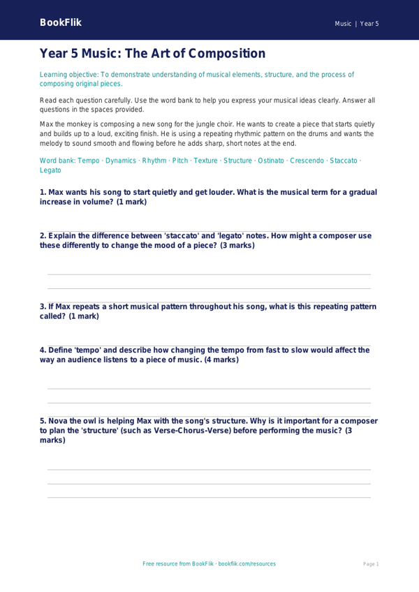 Free Composition Assessment | Year 5 Core | BookFlik worksheet preview — Music Composition