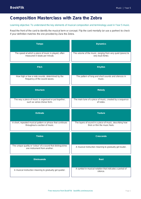 Free Composition Flashcards | Year 5 Core | BookFlik worksheet preview — Music Composition