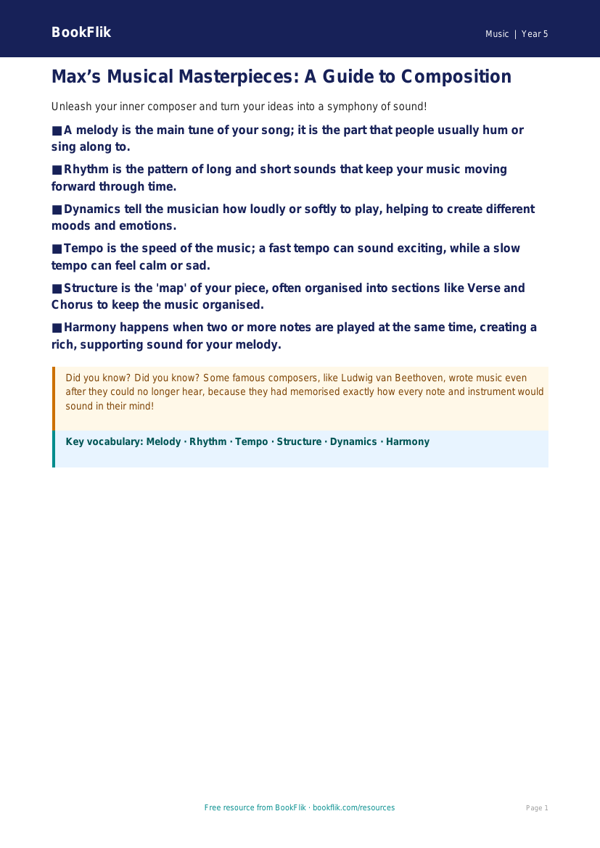 Free Composition Poster | Year 5 Core | BookFlik worksheet preview — Music Composition