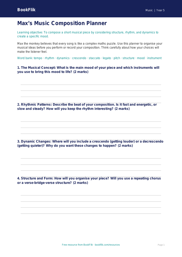 Free Composition Template | Year 5 Core | BookFlik worksheet preview — Music Composition