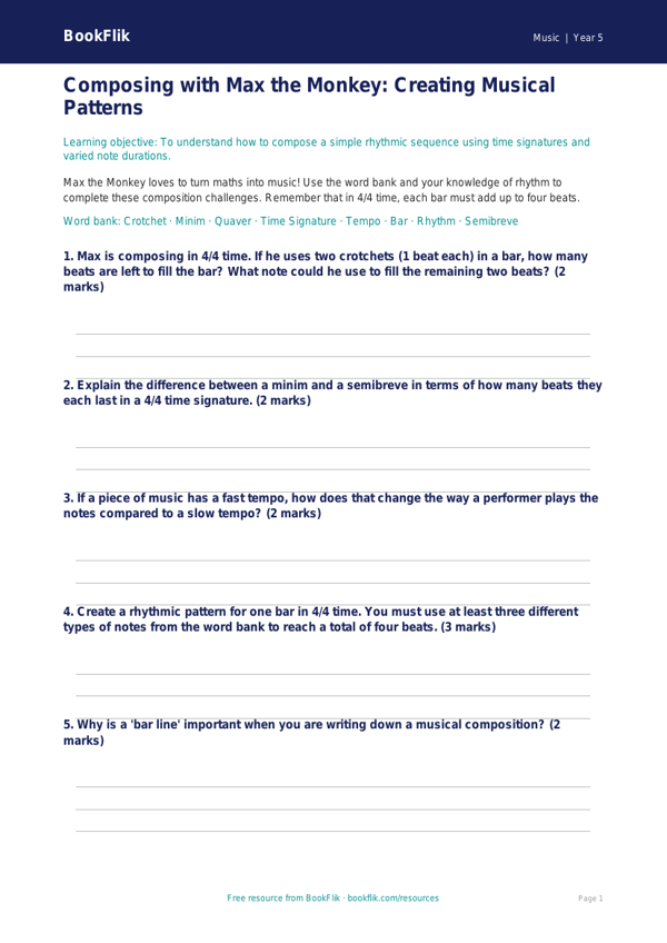 Free Composition Worksheet | Year 5 Core | BookFlik worksheet preview — Music Composition
