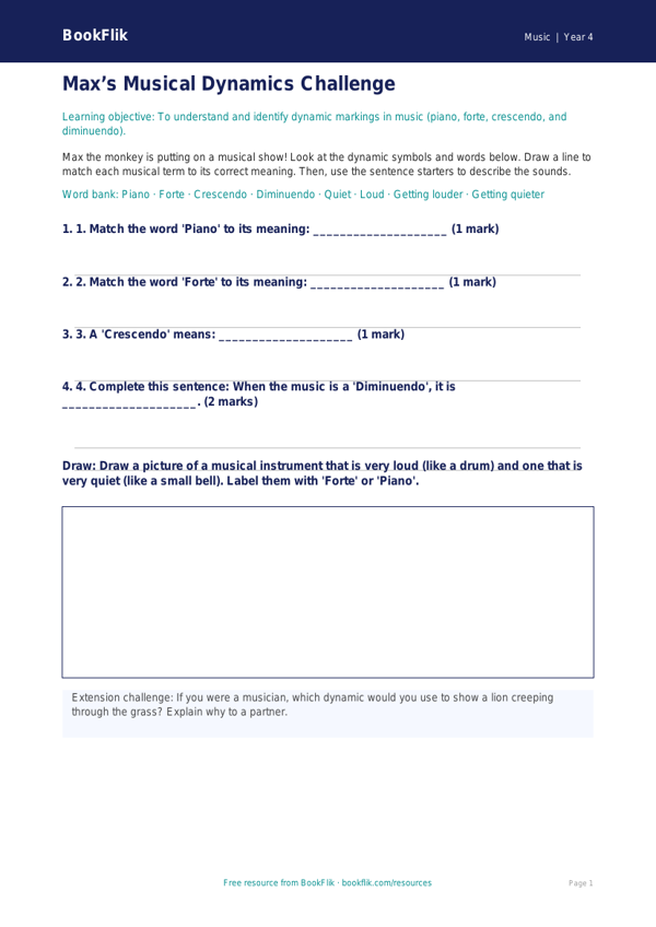 Free Dynamics Activity Sheet | Year 4 Supported | BookFlik worksheet preview — Music Dynamics