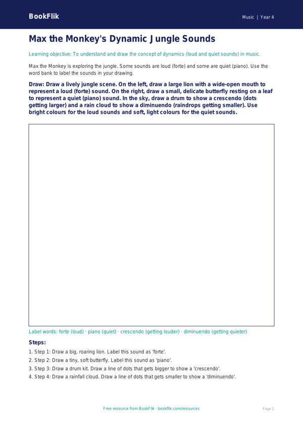 Free Dynamics Drawing Sheet | Year 4 Supported | BookFlik worksheet preview — Music Dynamics