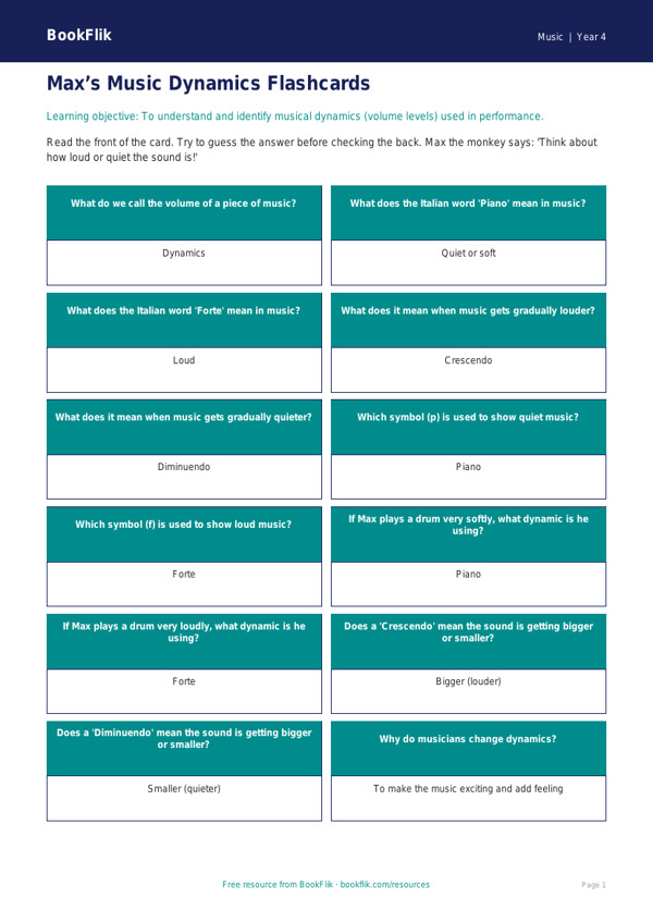 Free Dynamics Flashcards | Year 4 Supported | BookFlik worksheet preview — Music Dynamics