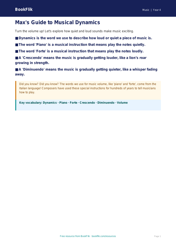 Free Dynamics Poster | Year 4 Supported | BookFlik worksheet preview — Music Dynamics