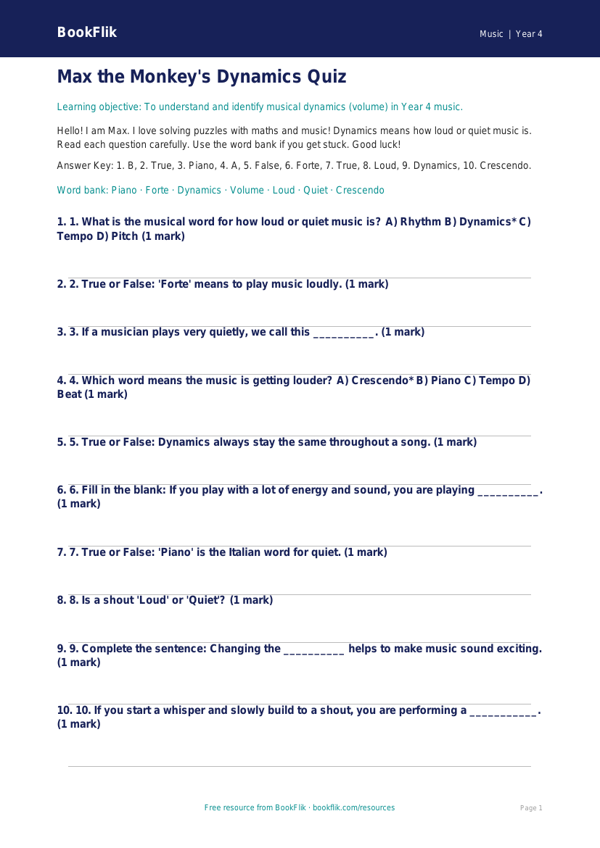 Free Dynamics Quiz | Year 4 Supported | BookFlik worksheet preview — Music Dynamics