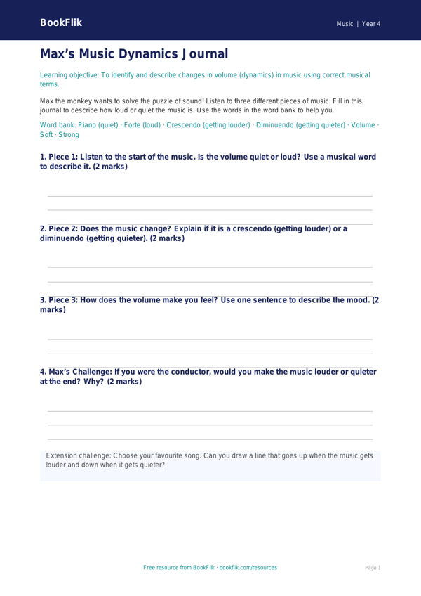 Free Dynamics Template | Year 4 Supported | BookFlik worksheet preview — Music Dynamics