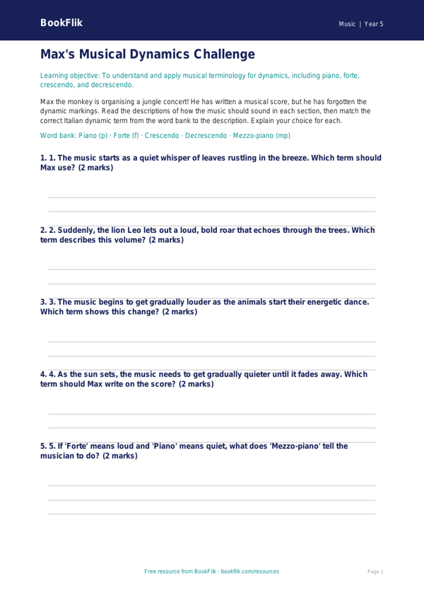 Free Dynamics Activity Sheet | Year 5 Core | BookFlik worksheet preview — Music Dynamics