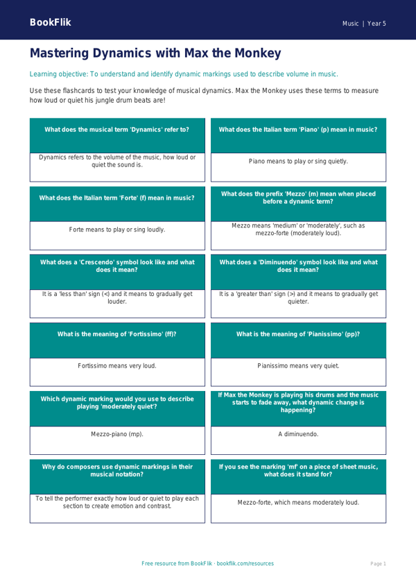 Free Dynamics Flashcards | Year 5 Core | BookFlik worksheet preview — Music Dynamics