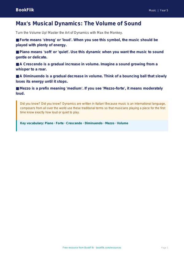 Free Dynamics Poster | Year 5 Core | BookFlik worksheet preview — Music Dynamics
