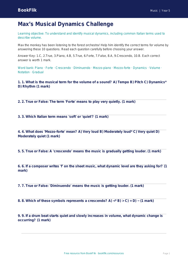 Free Dynamics Quiz | Year 5 Core | BookFlik worksheet preview — Music Dynamics