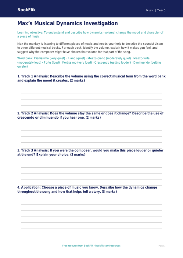 Free Dynamics Template | Year 5 Core | BookFlik worksheet preview — Music Dynamics