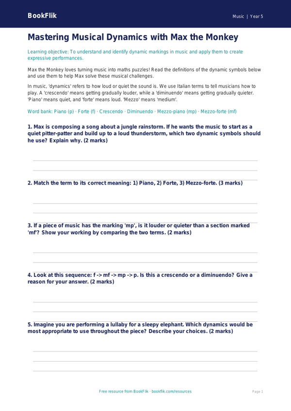 Free Dynamics Worksheet | Year 5 Core | BookFlik worksheet preview — Music Dynamics