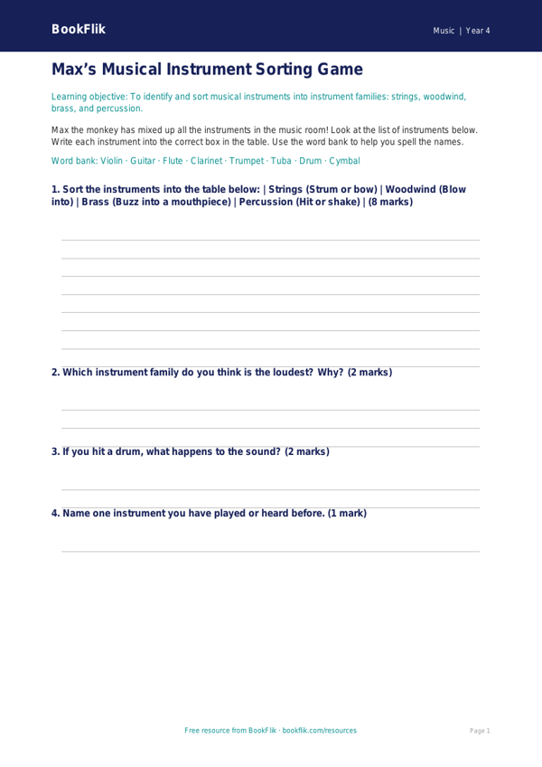 Free Instruments Activity Sheet | Year 4 Supported | BookFlik worksheet preview — Music Instruments