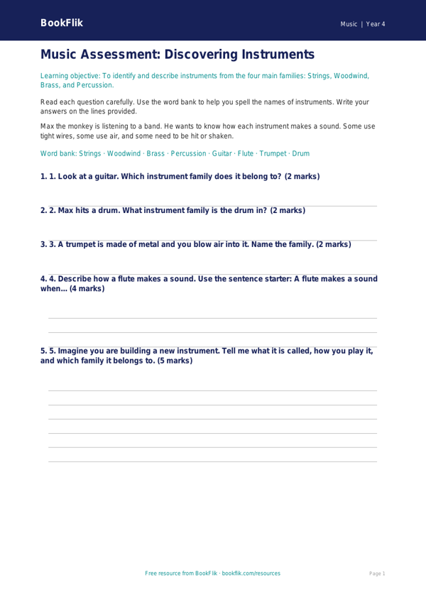 Free Instruments Assessment | Year 4 Supported | BookFlik worksheet preview — Music Instruments
