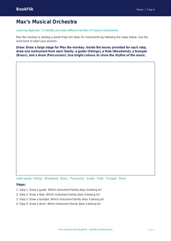 Free Instruments Drawing Sheet | Year 4 Supported | BookFlik worksheet preview — Music Instruments